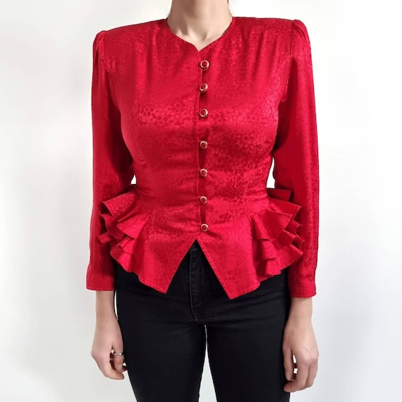 Vintage Bright Red Pure Silk Blazer Blouse With F… - image 2