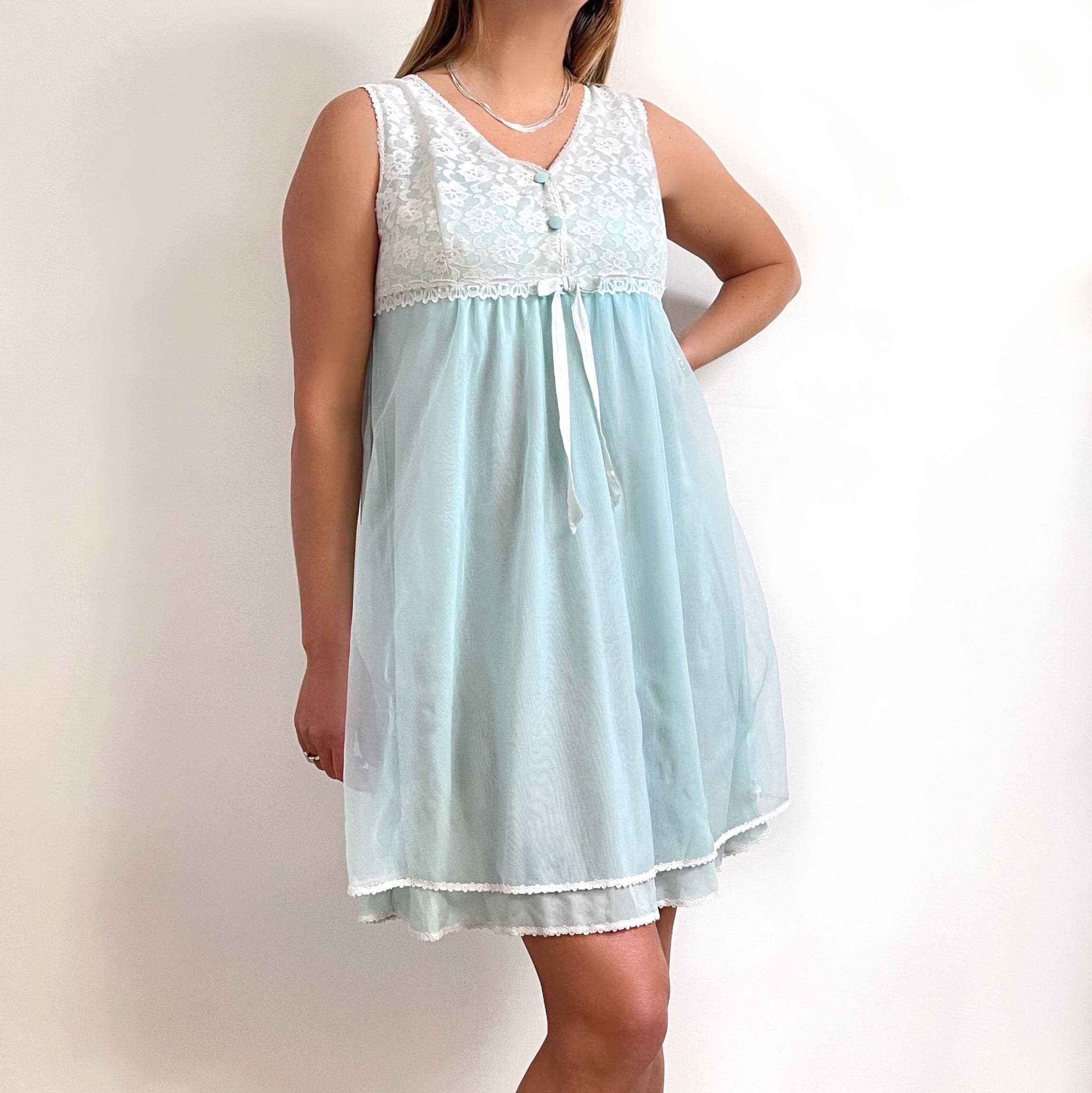 blue sheer babydoll dress Women's Mesh Babydoll Ruffle Sleeve Plush Trim Tulle Nightgown Blue main image 0