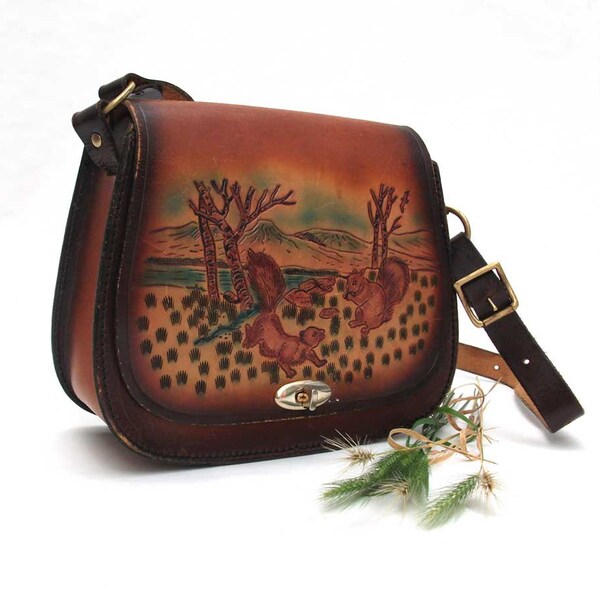 Tooled Leather, Vintage, Squirrel Satchel / Bag