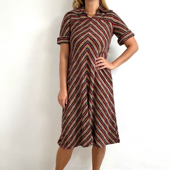 70's Vintage Diagonal Brown Stripe Dress // Knit Midi A-line // Medium