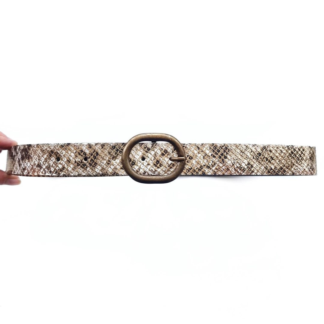 Vintage Gold Snakeskin Embossed Belt With Brass Buckle 