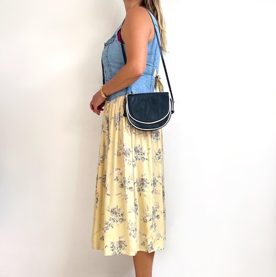 Vintage Navy & White Leather Handbag w Gold Detail | Long Skinny Strap Nautical Bag | Small