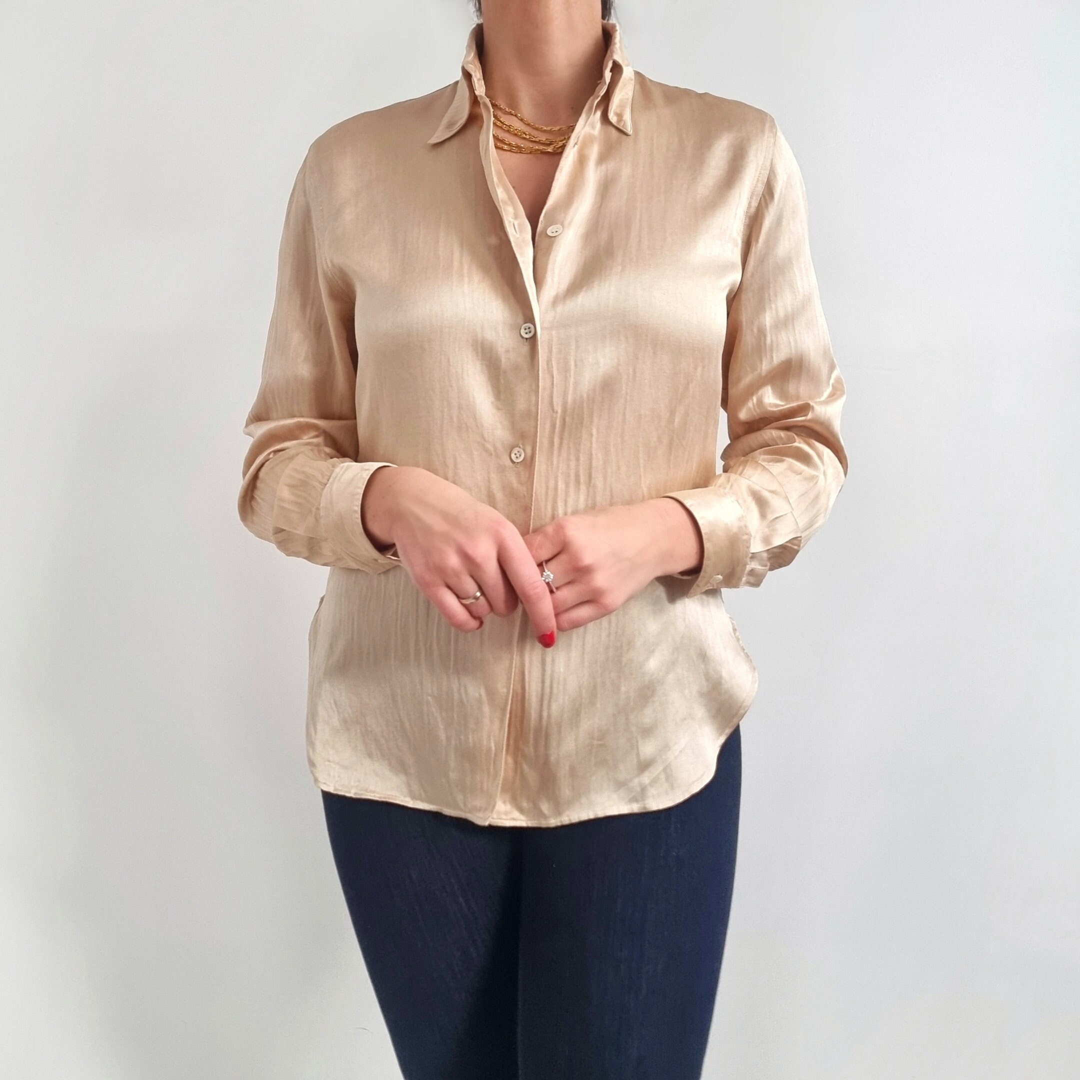 cream color dress shirt for women Womens Soft Satin Silk Button Down Shirts Silky Long Sleeve Business Office Work Dress Shirt Collared Blouses Tops Beige at Amazon Women's Clothing store