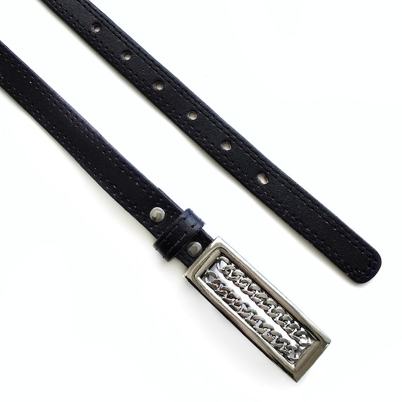 Vintage Black Leather Belt w/ Silver Chains Ledger Black Vintage Leather Belt with Silver Drop Chain  main image 3