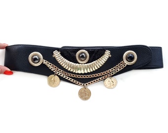 Vintage Black Belt With Gold Chain & Coin Detail | Ladies Fancy Statement Belt | Small - Medium