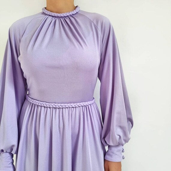 70's Vintage Lilac Midi Dress With Braid Detail /… - image 7