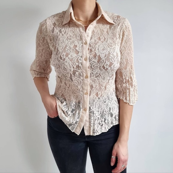 90s Vintage Cream Lace Shirt Frilly Lace Blouse Small Medium 