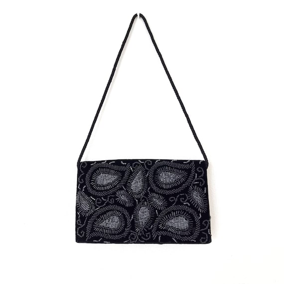 Vintage Black Velvet Beaded Evening Bag // Embellished Black Bead Handbag with Rope Strap