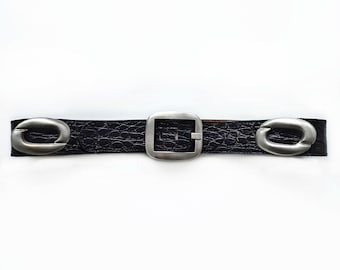 Vintage Schwarzer Ledergürtel mit Silbernen Nieten | Krokoprägung Muster Damen Gürtel | S-Medium
