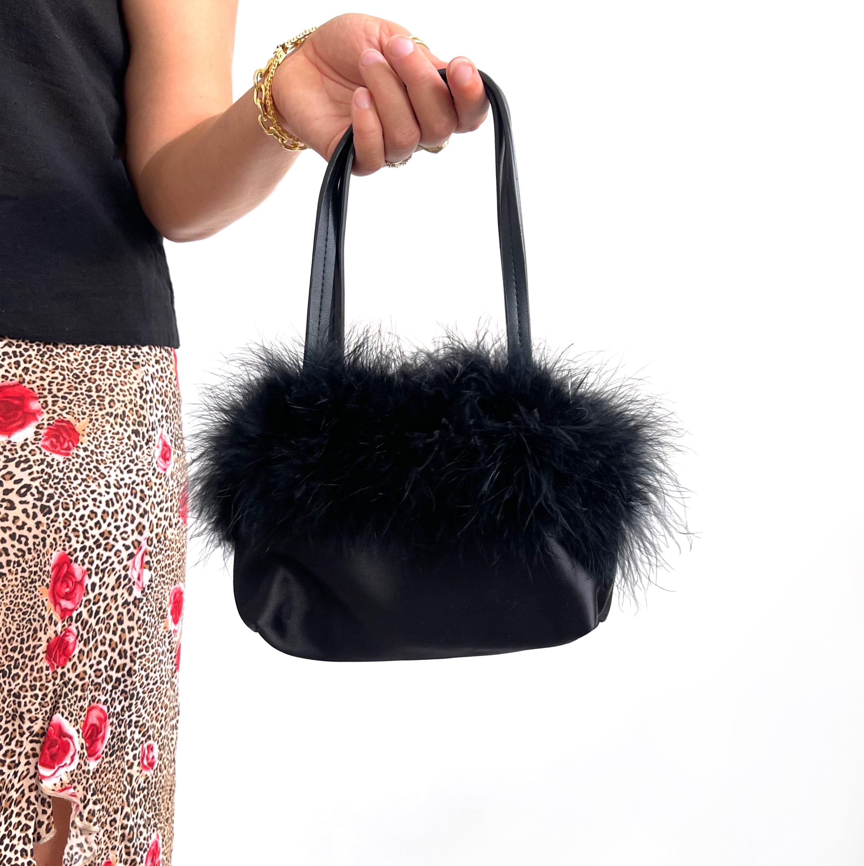 00s Vintage Black Satin & Feather Trim Handbag | Y2K TOPSHOP 