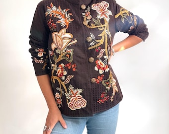 Vintage Indigo Moon Embellished Art Blazer | Brown Gold Ladies Jacket w Floral Embroidery, Appliqué & Beads | Large