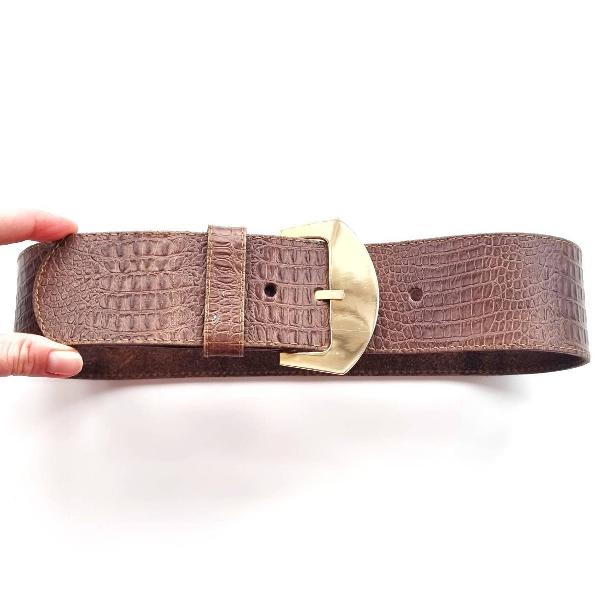 Belt Women Brown Leather Gold Buckle Size XS Crocodile Dress Classic Genuine USA Cognac Genuine Crocodile Belt  main image 3