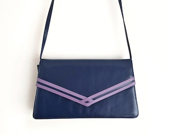 Vintage Navy Leather Handbag With Lilac Detail  | Evening Clutch | Small Shoulder Bag | Made in Italy