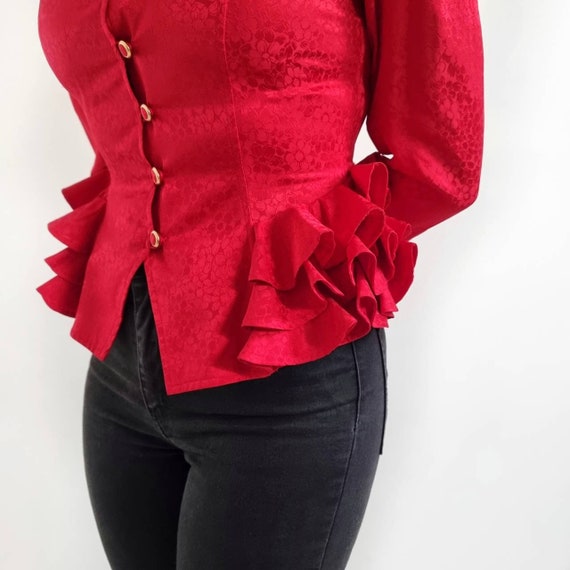 Vintage Bright Red Pure Silk Blazer Blouse With F… - image 4