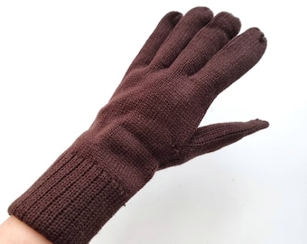 Vintage Men&#39;s Knit Gloves In Dark Brown // Winter Gloves // Large