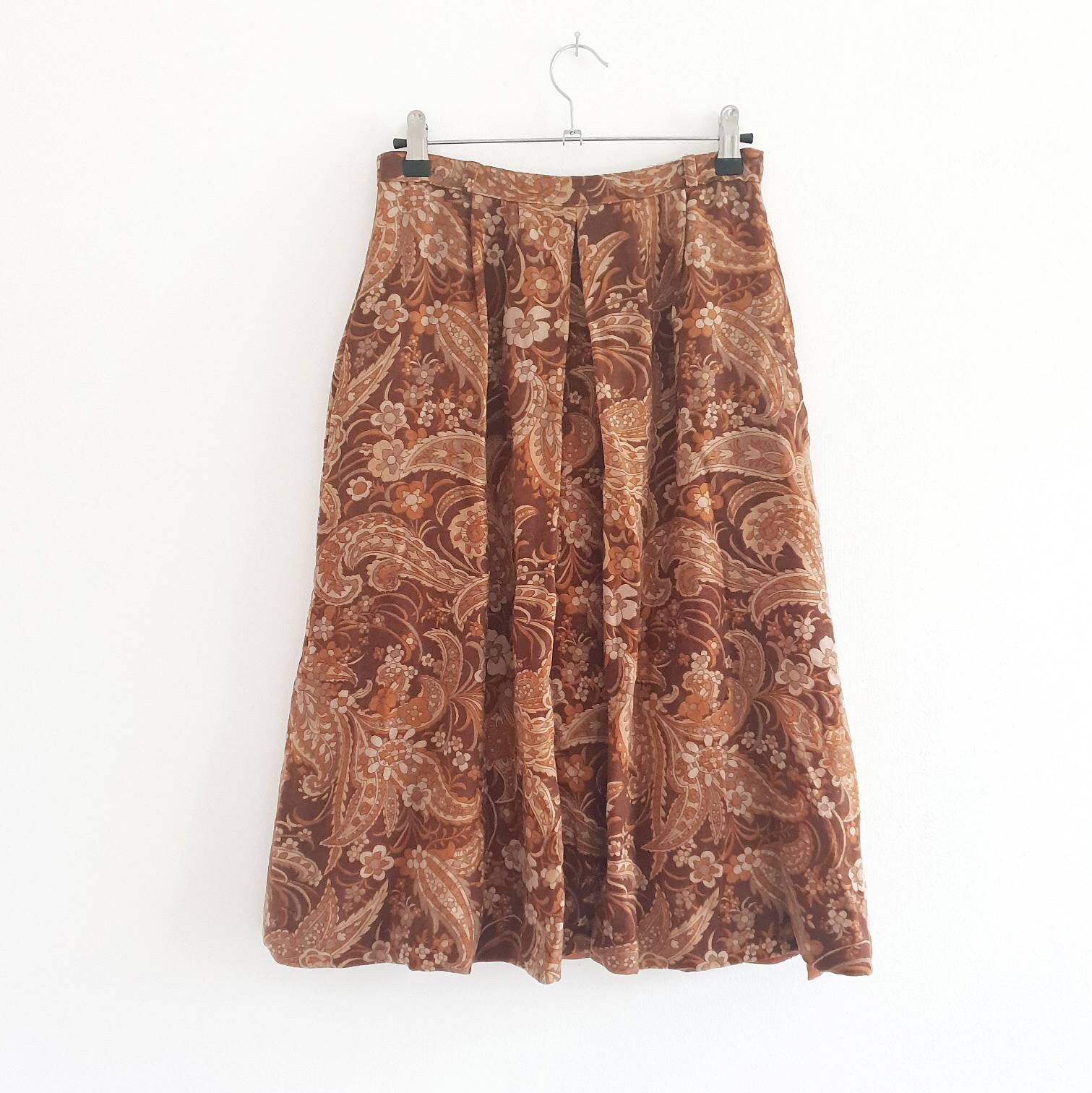 Image of Brown Paisley Print Wool Skirt - Vintage Pleated Midi