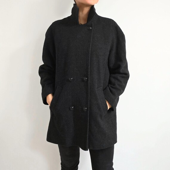 90's Vintage Charcoal Black Short Wool Coat | Ladies Classic