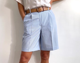 Vintage Long Blue Stripe Bermuda Shorts | Smart Pinstripe Ladies Summer Shorts | Medium