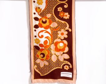 70s Vintage Long Thin Floral Scarf in Brown & Orange by Pier Olivier