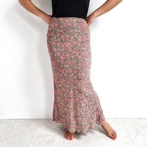 Vintage Diagonal Cut Long Skirt | Olive Green & Pink Floral Mermaid Maxi Skirt | Medium - Large