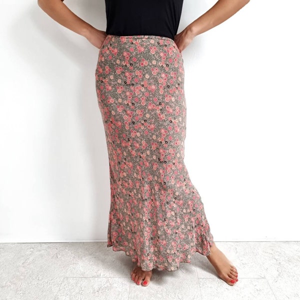 Vintage Diagonal Cut Long Skirt | Olive Green & Pink Floral Mermaid Maxi Skirt | Medium - Large