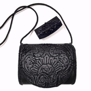Vintage Perlen schwarze Satin Abendtasche mit Lippenstift Etui | Verschönerte Handtasche mit langem Seil Riemen
