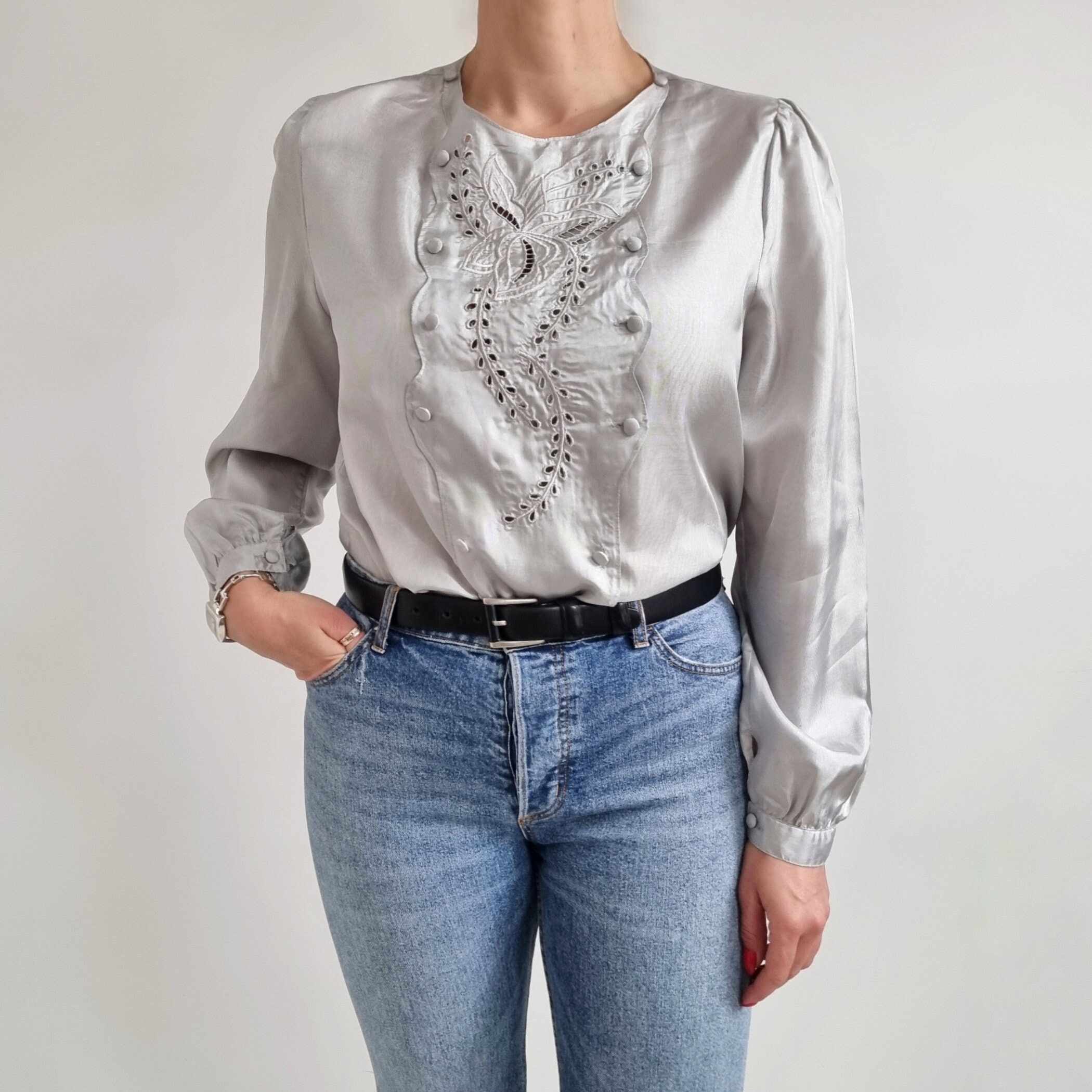 silver gray blouse