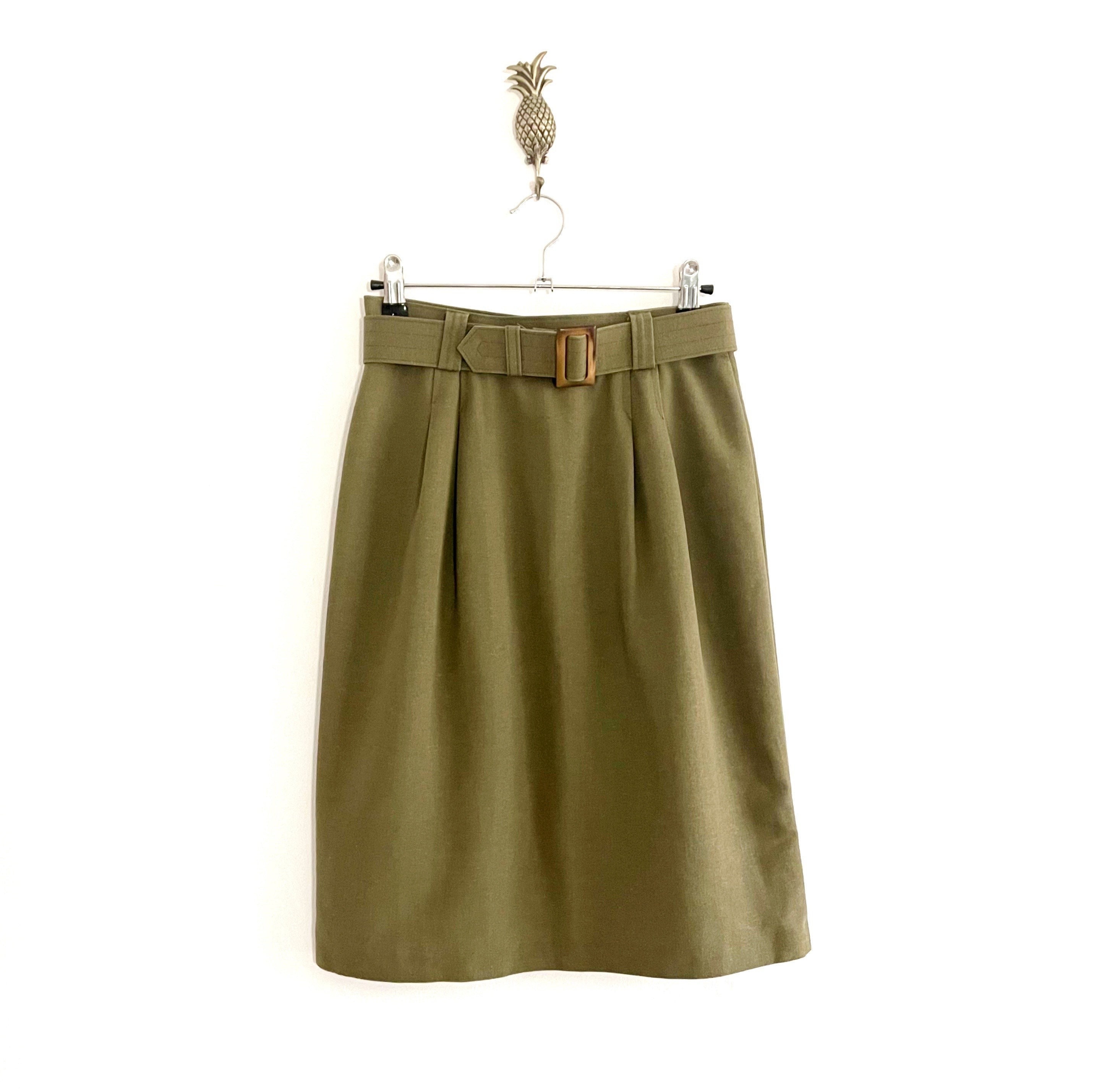 Vintage Smart Khaki Midi Skirt With Belt - Etsy