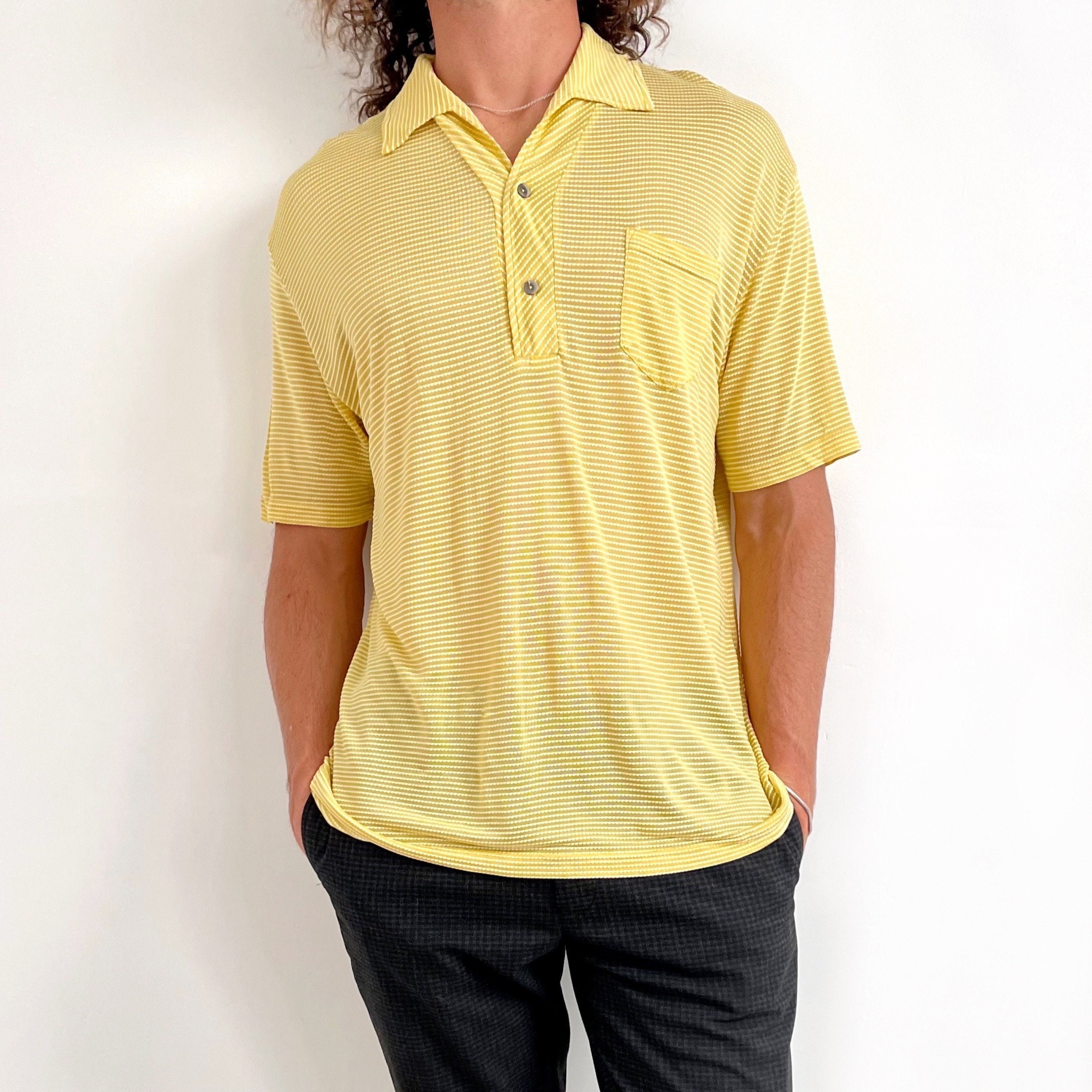 Vintage French Connection Men's Yellow Polo Shirt | Sheer V