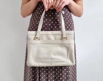 Vintage Cream Vegan Leather Handbag | Medium Size Top Handle Bag