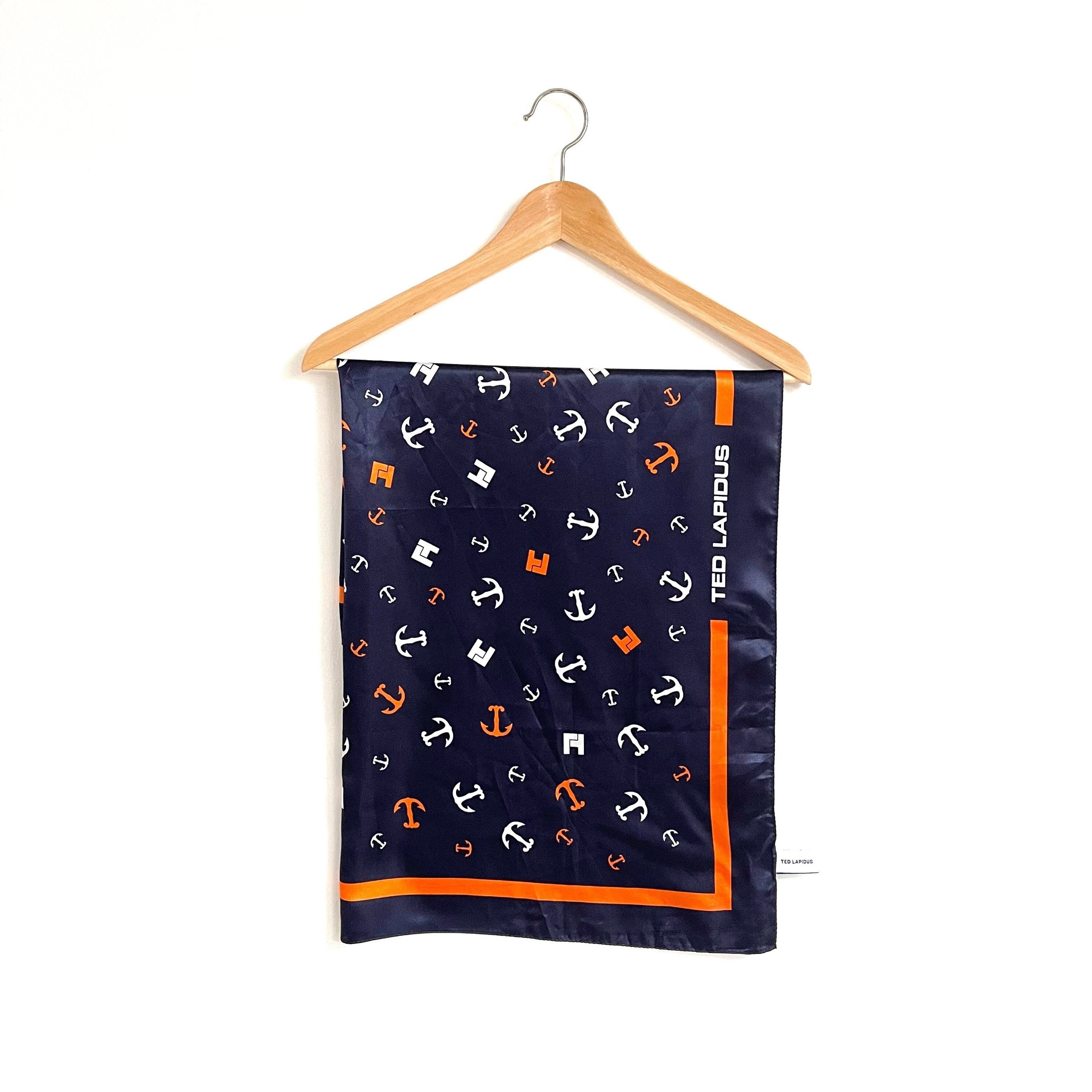 Vintage TED LAPIDUS Anchor Print Scarf | Designer Scarf in Navy, Orange & White Satin