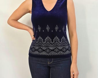 Vintage Navy Velvet Vest w Silver Print | 90's Evening Blouse | Small - Medium
