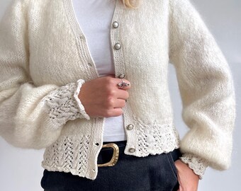 80s Vintage Fancy Cream Mohair Cardigan | Cropped V-neck Wool