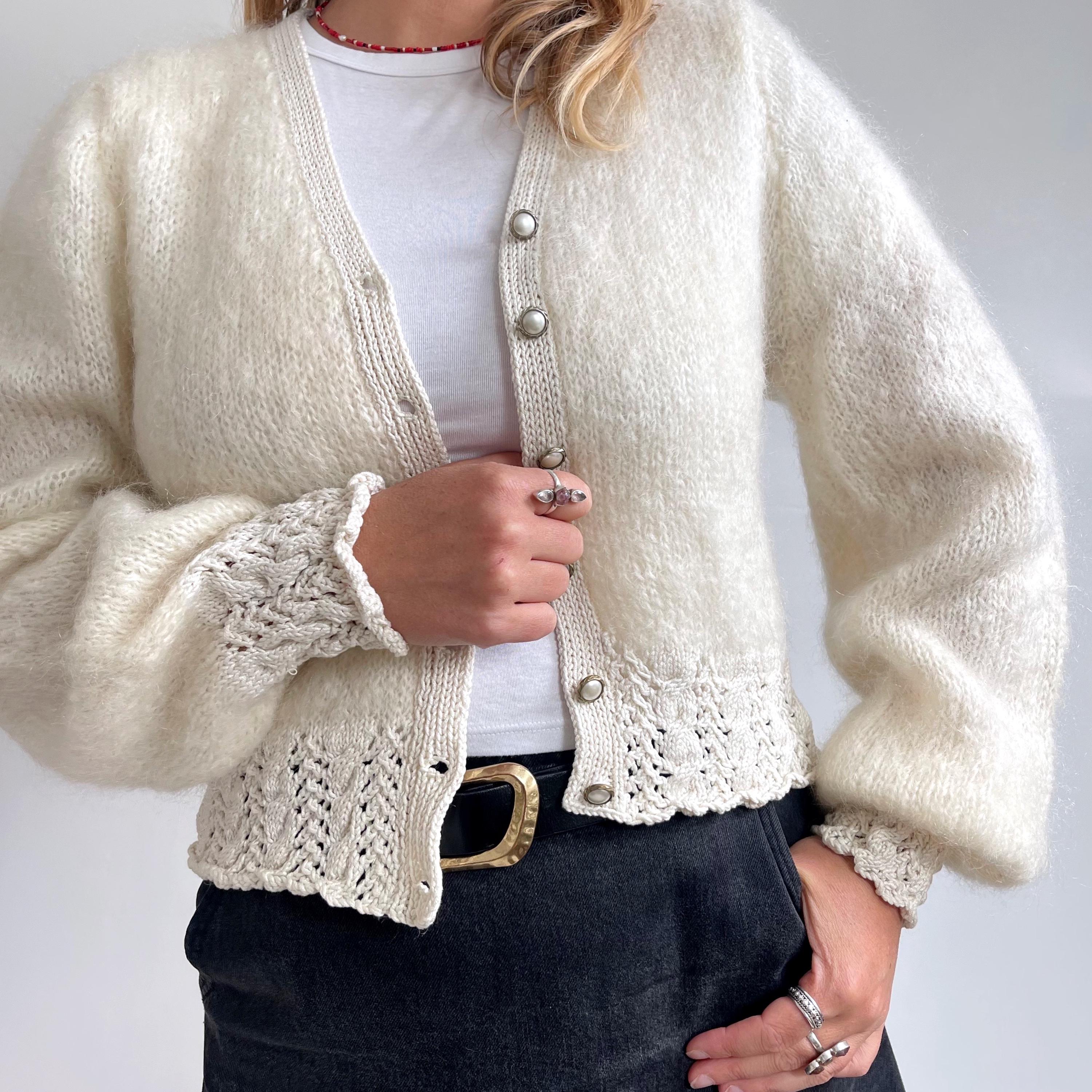 80s Vintage Fancy Cream Mohair Cardigan | Cropped V-neck Wool