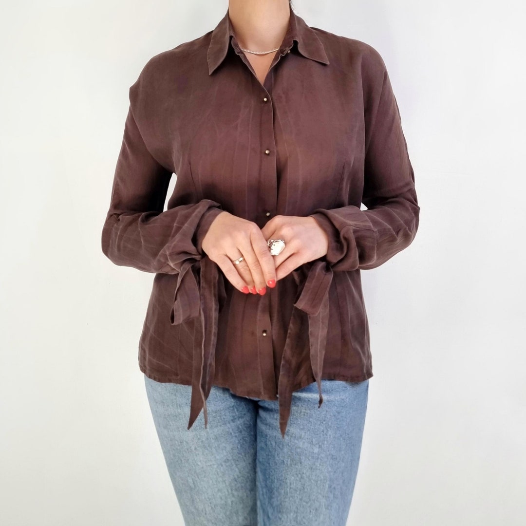 トップス vintage nylon dark brown shirt blouse 90's Vintage Dark Brown Ladies Silk Shirt | Long Sleeve
