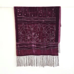 Vintage Long Floral Pattern Silk Velvet Scarf in Purple | Evening Scarf | Large