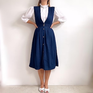 denim midi pinafore dress The Pinafore paneled denim mini dress - dark denim