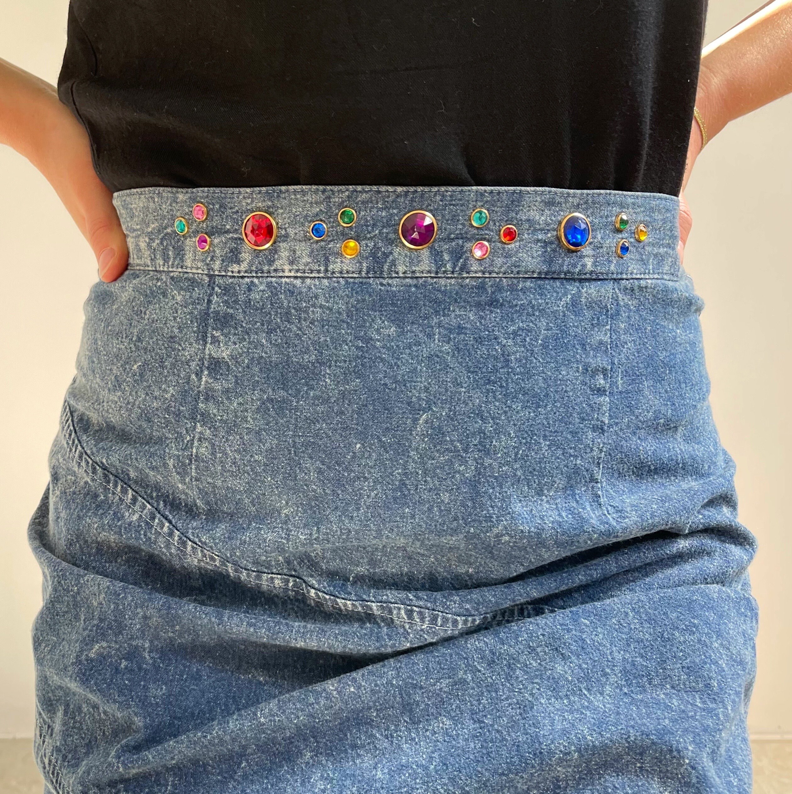 スカート Vintage Vivaldi blue denim pencil skirt 80's Vintage Denim Midi Pencil Skirt | Rainbow Gemstone