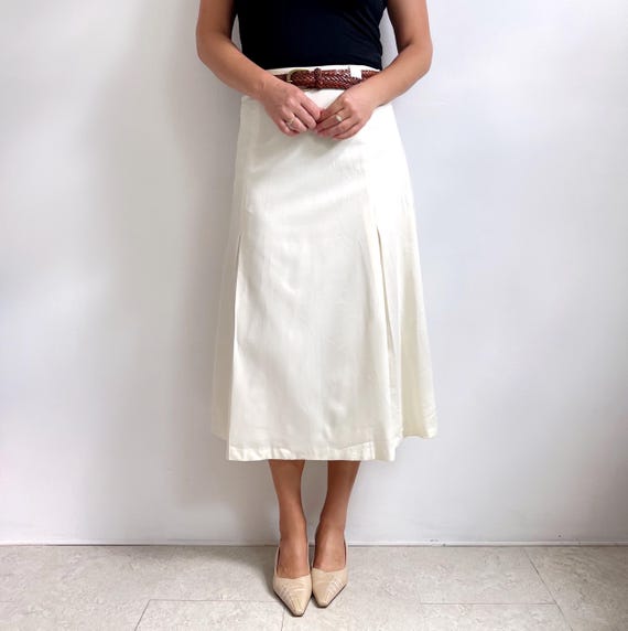 80s Vintage Cream White Smart Midi Skirt Neat Pleat A-line