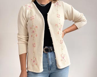 1993 Vintage Embroidered Cream Cotton Cardigan | Pastel Yellow & Pink Floral Cardigan | Medium