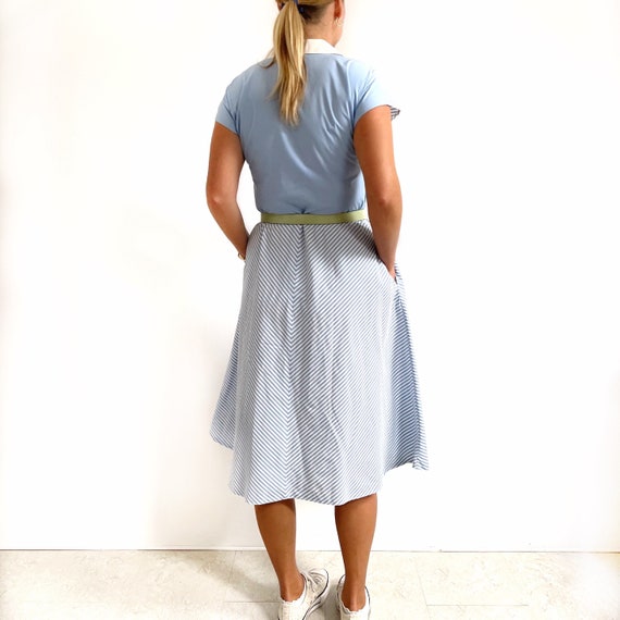 Vintage Blue White Stripe Nautical Dress Striped Midi Cotton Summer Dress w Collar Medium Large