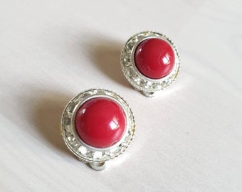 80's Vintage Clip-on Earrings | Red Stone & Silver Diamond Small Clips