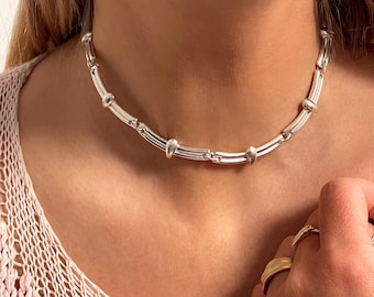 90s Vintage Silver Plated Necklace w T-Bar | Chunky Chain Link Necklace | Deadstock / NEW