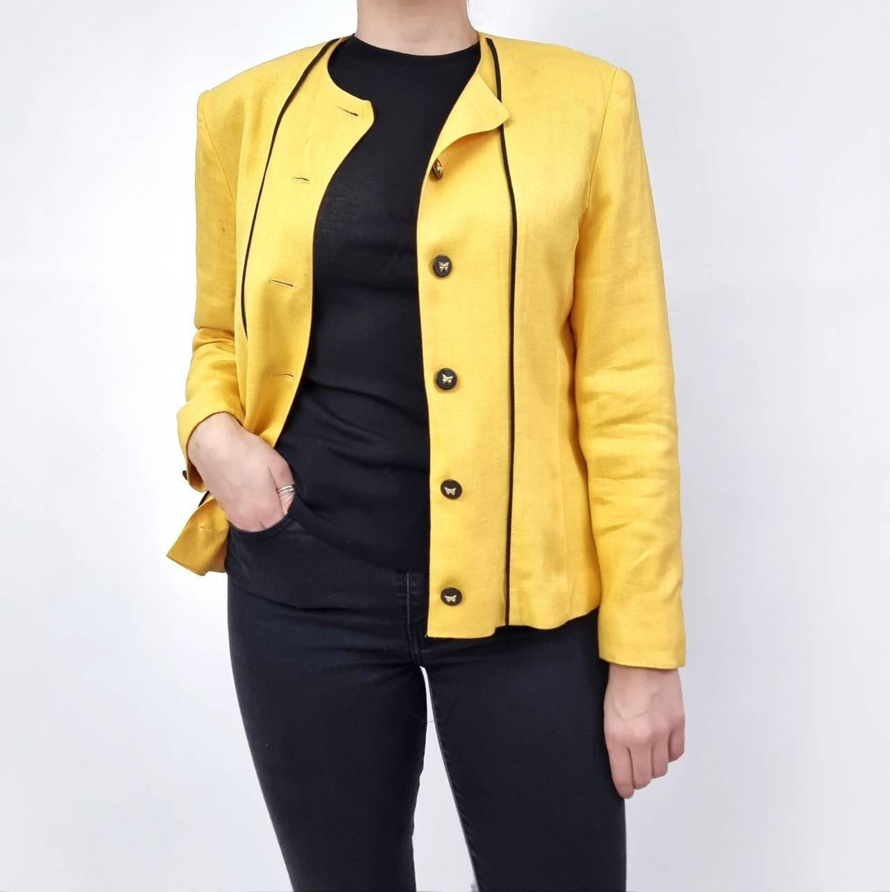 80's Vintage Yellow & Black Blazer With Butterfly Buttons