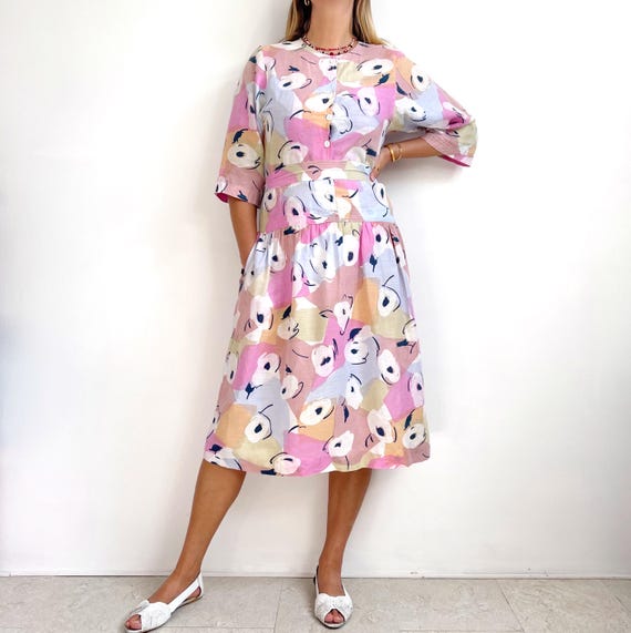Vintage JAEGER Pastel Print Linen Dress | Abstract Candy Floral Midi Summer Dress | Medium