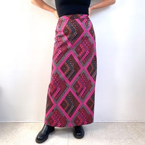 70s Vintage Maxi Skirt in Silver, Black, Pink & Red Geometric Print