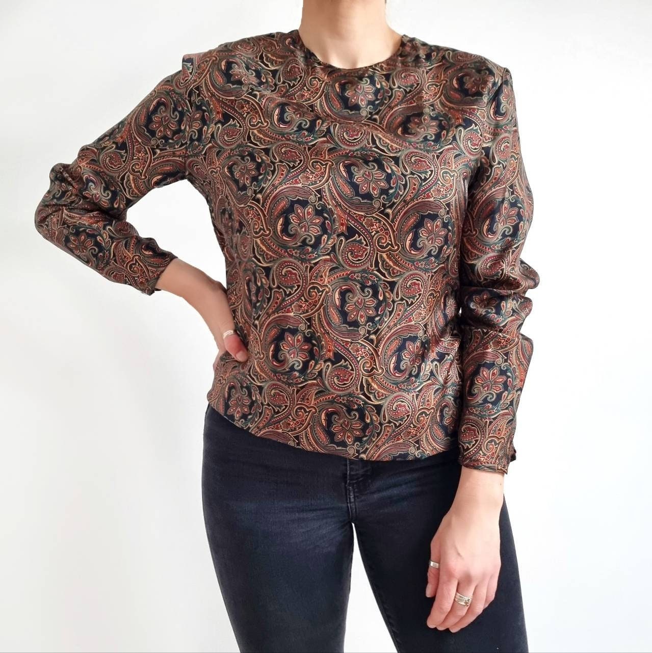 90s Dark Print Silk Blouse Ladies Long Sleeve Arabesque - Etsy