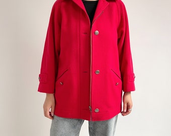 Vintage Red Wool Parka Coat // Bright Red Short Winter Coat // Medium