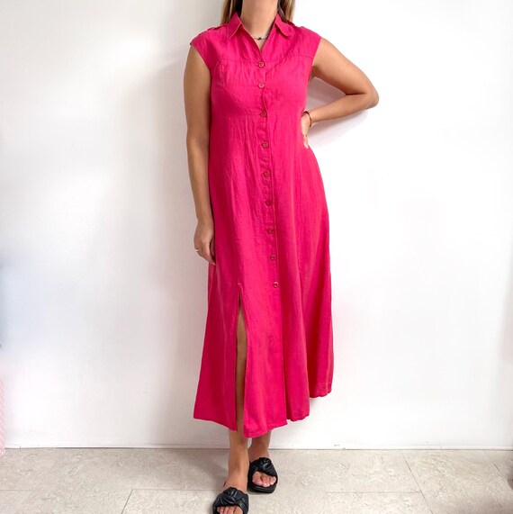 hot pink button up dress Vintage ESCADA Raspberry Linen Long Through Shirt | Sleeveless Maxi Summer Dress | Medium - Large Neckline_keyhole back