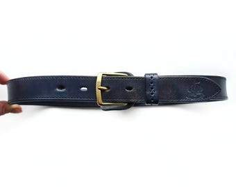 Vintage Navy Leather Belt With Gold Buckle | Small | Made in England